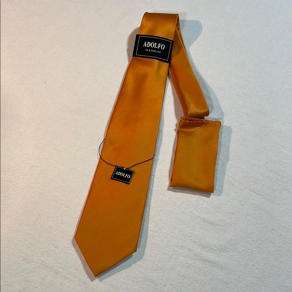 Adolfo Gold Satin Necktie NWT matching handkerchief